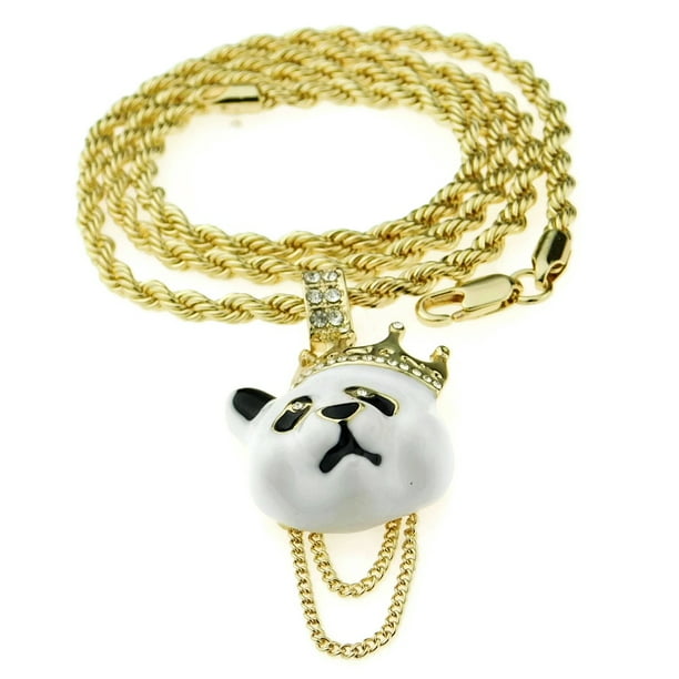 Crown Panda Rope Chain White Bear Pendant Gold Finish Hip Hop Necklace 24" Inch 